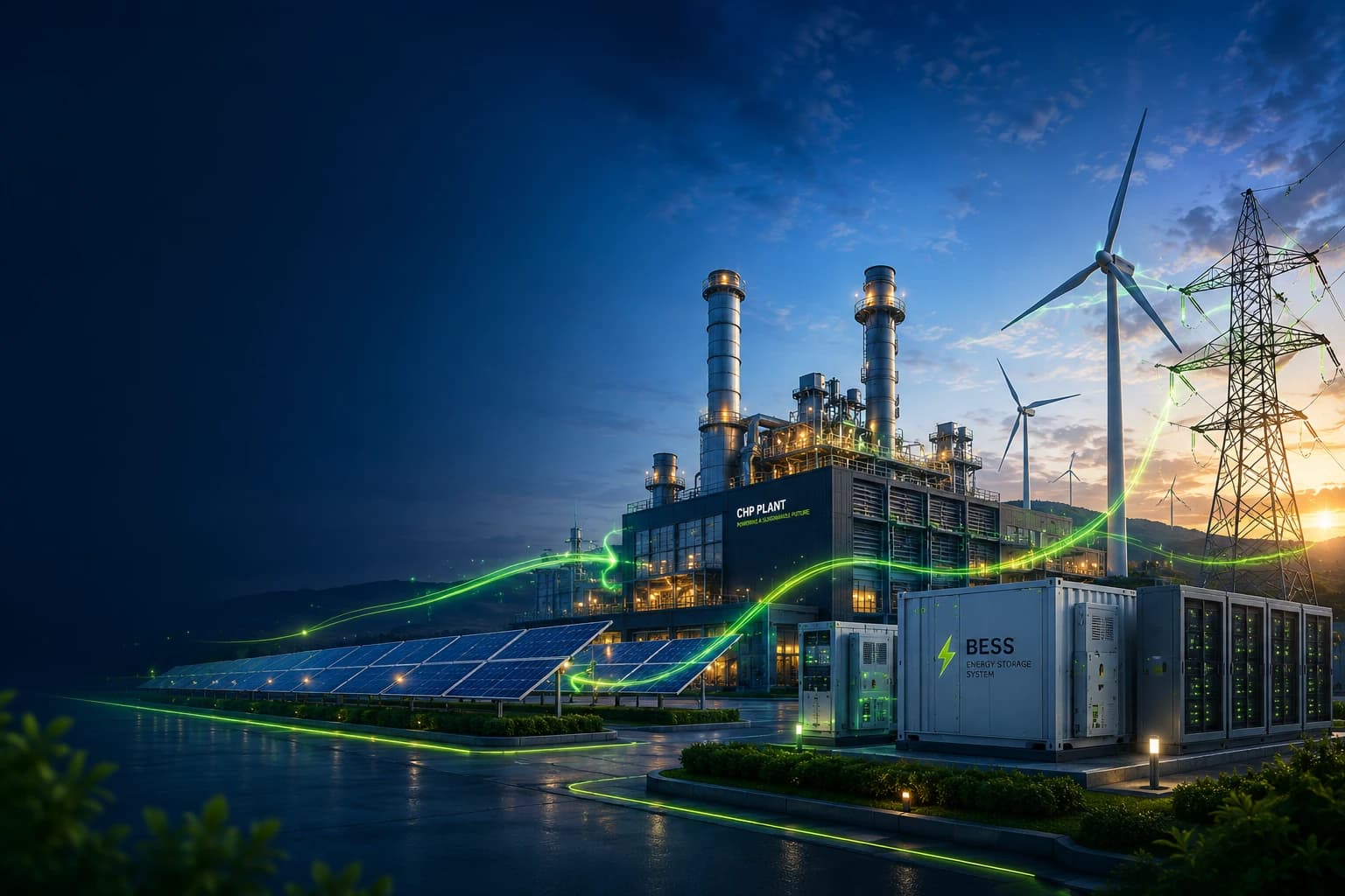 Advanced energy infrastructure with power generation, wind energy and illuminated smart-grid lines